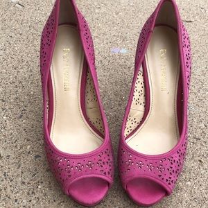 Womens peep toe heels in hot pink. Leather upper, 3 1/2 inch heels.